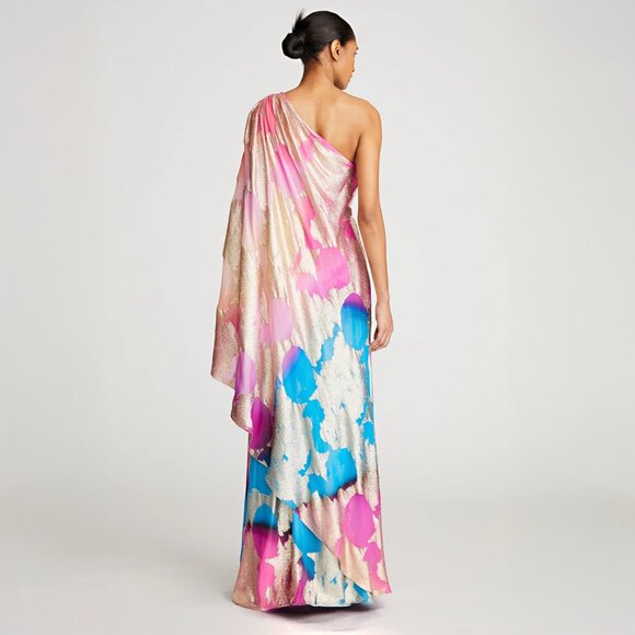 Halston Nisa Gold Ruched Printed Gown in Printed Fil Coupe - Picture 3 of 8